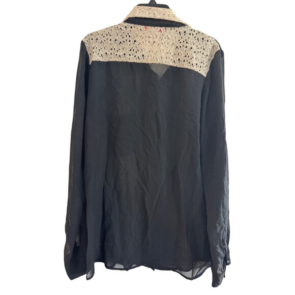 Catch My I Button-Up Womens Medium Polyester Black Lace Collar Long-Sleeve Top - Picture 4 of 5